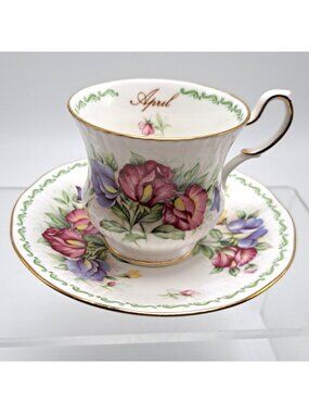 Queens Rosina China Co. Ltd. April Sweet Pea Teacup & Saucer Set
